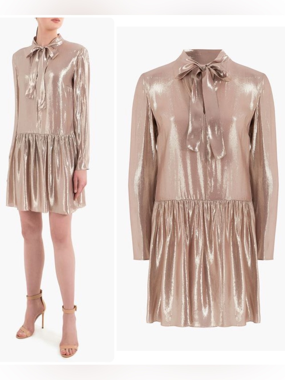 RED Valentino Metallic Tie-Neck Long-Sleeve Champagne Blush Mini Dress NWT $876
